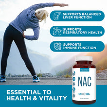 TRUEVANTAGE NUTRITION NAC 1000mg supplement bottle with health benefits listed, featuring a woman stretching outdoors.